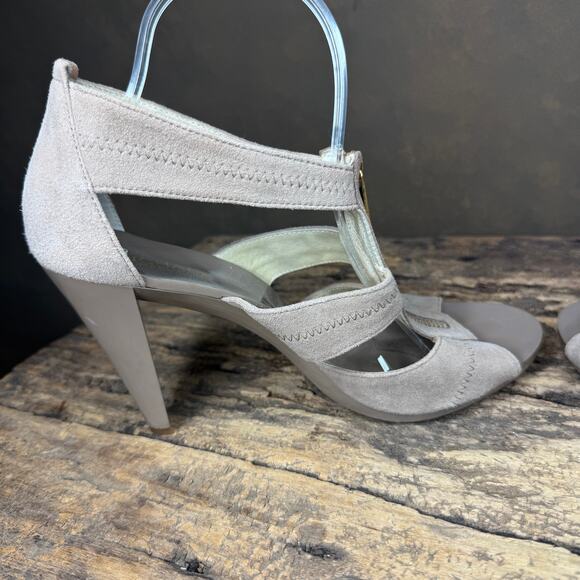 Michael Kors Taupe Suede Strappy Heels Women’s 9.5M Gold Zip Front Peep Toe Pump - Picture 8 of 12